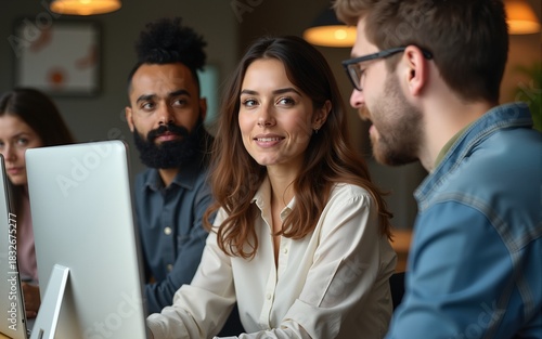 Woman with coworkers discussing working project at computer in coworking space. Multiethic team of developers talking and giving advices. Workday in office. Business concept. Communication. Management
