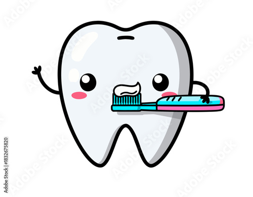 Kawaii Cartoon Tooth Brushing Teeth With Toothpaste And Toothbrush Cute Dental Hygiene Character With Rosy Cheeks And Big Eyes