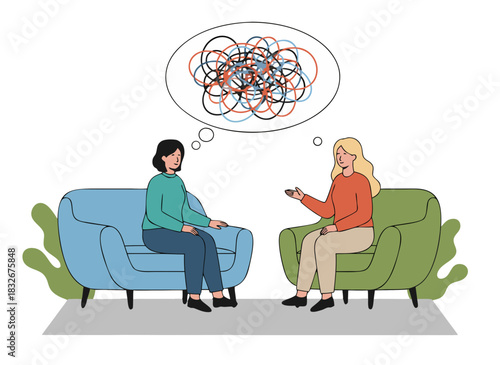 Two women sitting on couches in a consultation room with a thought bubble showing tangled lines representing confusion and conversation in a therapy session