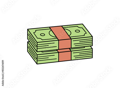 Stack of US Dollar Bills Tied with a Red Band Isolated on Black Background Simple Flat Vector Illustration