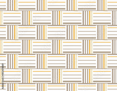 Abstract Geometric Weave Pattern With Tan White Yellow Beige and Brown Stripes in a Repeating Square Motif Minimalist Design
