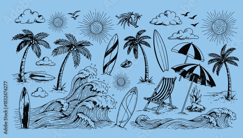 Vintage hand drawn tropical beach scene with palm trees surfboards and waves