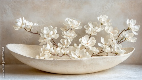 White blossoms are arranged in a creamy bowl on a neutral background.