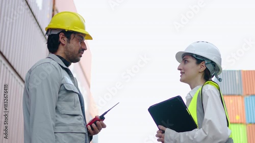 A female and male engineer and foreman team share a warm handshake amidst the busy shipyard filled with colorful cargo containers. Safety is a priority as they oversee loading operations.