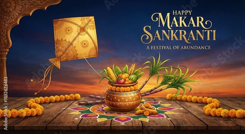 Happy Makar Sankranti 2026, minimalistic poster/banner for Sankranti theme wishes