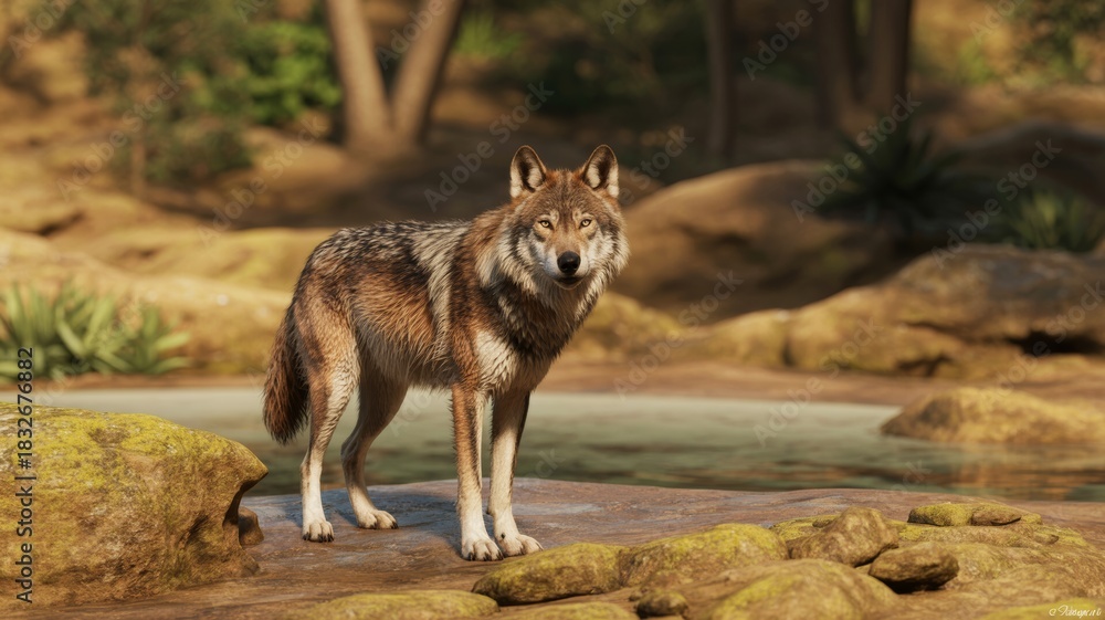 Fototapeta premium A realistic wolf stands near water, surrounded by rocks and greenery, showcasing its natural habitat in a serene setting.