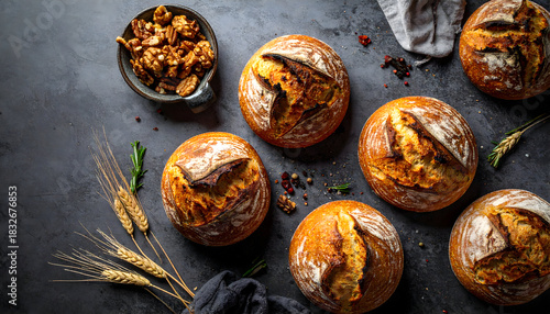 Rustic Display of Freshly Baked Bakery Pastries with Granola and Dried Fruits on Dark Stone Surface