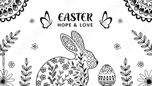 Whimsical easter illustration featuring a decorative bunny patterned egg butterflies flowers and foliage with the words hope and love