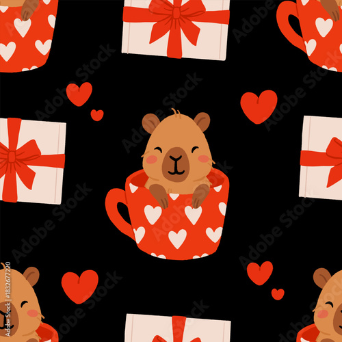 Cute Valentine Capybara Clipart Seamless pattern. Loving Capybaras with Hearts, Gifts, and Romantic Elements, Adorable Flat Cartoon Vector Illustration, romantic kawaii animals