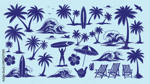 Tropical beach scene collection featuring palm trees surfboards waves and beach chairs