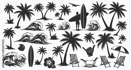 Tropical beach scene silhouettes featuring palm trees surfing and ocean waves
