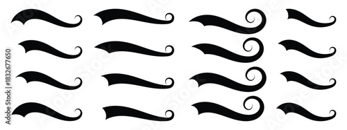 Baseball swoosh decorative calligraphic tail element. Underline retro swoop wave line for athletic t-shirt. Hand drawn curly swishes, swash, twiddle. swash tail icon. Swirl stroke swash underline. 