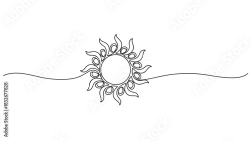 A unique continuous one line art illustration of a radiant sun with flowing rays, embodying a minimalist and elegant design aesthetic
