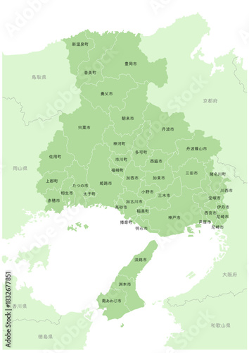 日本の都市の詳細地図シリーズ。兵庫県の市町村名付きの地図。A series of detailed maps of Japanese cities. A map of Hyogo prefecture with city and town names.
