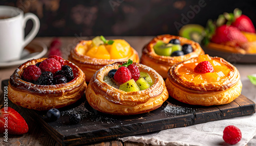 Selection of Colorful Pastries Topped with Fresh Fruits on Rustic Wooden Table with Coffee
