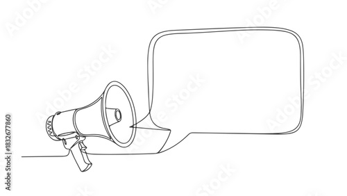 A simple one line art drawing of a megaphone loudspeaker making an announcement with an empty speech bubble, created in a continuous minimalist style d