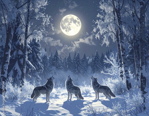 Wolves Under Full Moon in Winter Forest