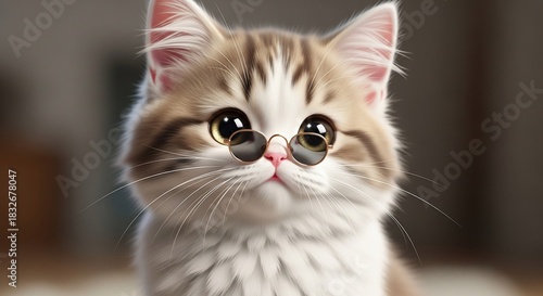 A fluffy brown and white kitten wearing tiny round sunglasses looking up with big expressive eyes.