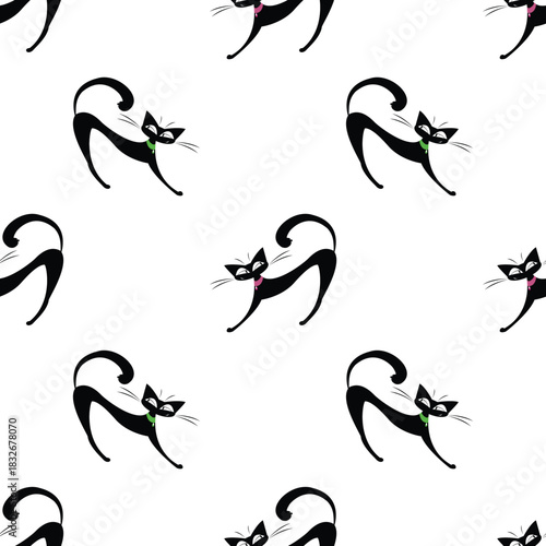 Seamless pattern with funny cute cats. Black cats in funny pose, texture. Domestic pets isolated on white background. Adorable home animals, wallpaper template.