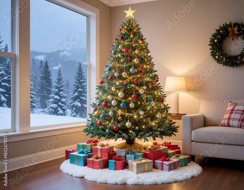 Beautiful Christmas Tree with Gifts in Warm Cozy Living Room