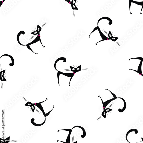 Seamless pattern with funny cute cats. Black cats in funny pose, texture. Domestic pets isolated on white background. Adorable home animals, wallpaper template.