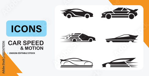 Fast Car Speed Motion Icons – Racing Vehicle Silhouette Set.