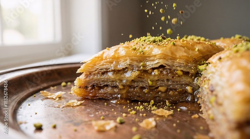 Tight cross-section of baklava layers with syrup and falling pistachio dust texture, sheen, and crispness emphasized