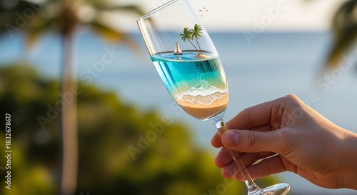 A creative miniature beach scene with sand, blue water, and palm trees inside a champagne flute held by a hand, against a blurred tropical background.