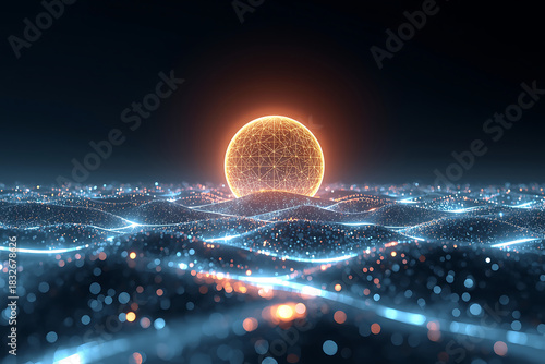 Global communication network with glowing digital threads linking continents, highlighting the power of internet connectivity, blockchain data processing, IoT systems, and advanced telecommunication