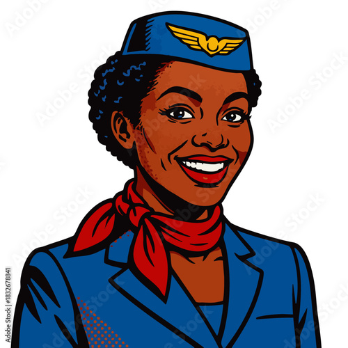 flight attendant in classic uniform, perfect for aviation, travel, or nostalgia themes. Generative ai vector colorful pop art illustration.