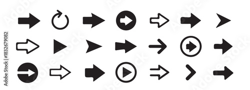 Set of black arrows isolated on white background. collection of various shapes and directions pointer symbols