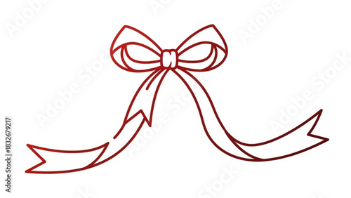 A simple elegant red line art drawing of a bow with flowing ribbon tails on a white background perfect for celebrations and decorations
