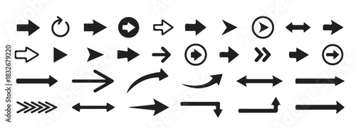 Set of black arrows isolated on white background. collection of various shapes and directions pointer symbols