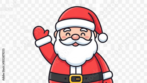 A cheerful cartoon illustration of santa claus waving hello with a big smile and rosy cheeks wearing his iconic red suit and hat perfect for holiday greetings and christmas promotions