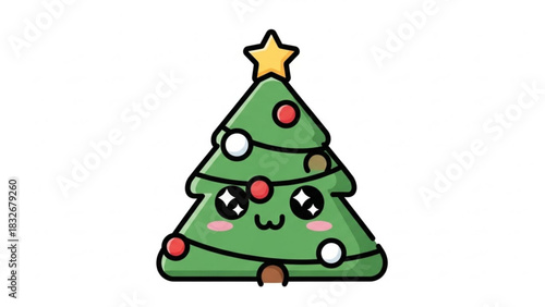 Adorable kawaii christmas tree character with sparkling eyes and blush cheeks decorated with ornaments and a star topper isolated on white background