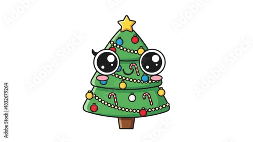 Cute cartoon christmas tree character with large expressive eyes rosy cheeks and festive decorations like ornaments and candy canes perfect for holiday greetings and designs