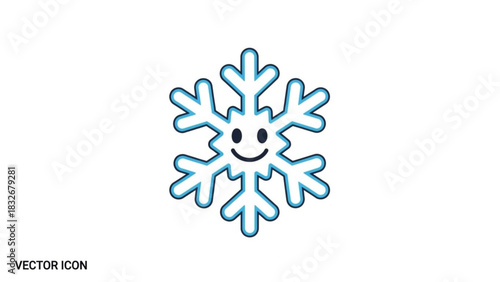 A cheerful cartoon snowflake with a happy face and blue outline on a white background representing winter joy and a friendly winter season