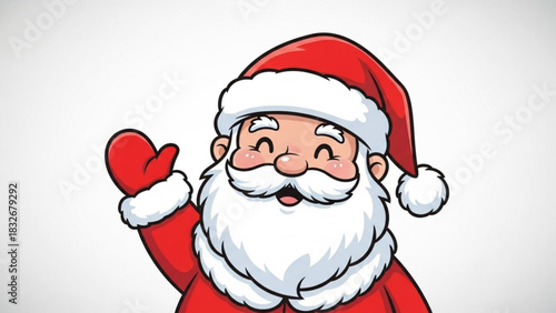 A cheerful cartoon illustration of santa claus waving hello with a big white beard and red suit against a plain white background perfect for holiday greetings and festive designs