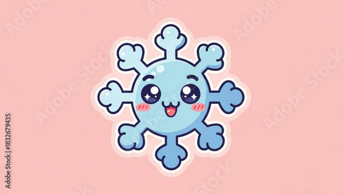 Cute kawaii snowflake character with big sparkling eyes and rosy cheeks smiling happily on a soft pink background perfect for winter and holiday designs