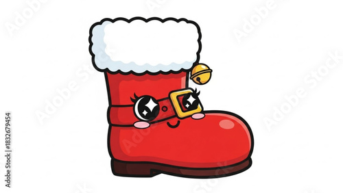 Cute cartoon santa boot with a smiling face rosy cheeks big sparkling eyes a golden buckle and a jingle bell perfect for festive holiday designs and children s illustrations