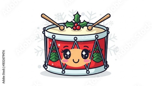 Cute kawaii christmas drum with holly and drumsticks festive holiday character illustration