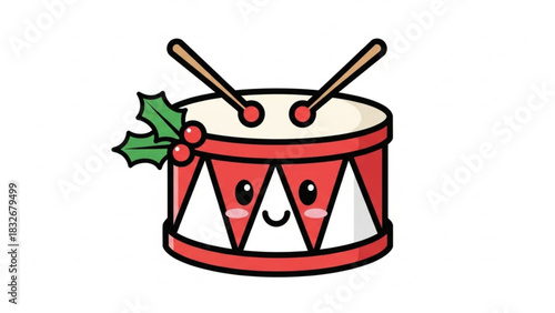 Cute cartoon christmas drum with holly and drumsticks on a white background perfect for holiday designs and children s illustrations