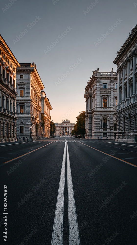 Fototapeta premium A wide empty urban road stretches through a cityscape lined with classical architecture. Grand facades, stone columns, and historic buildings frame the roadway, creating a timeless blend of urban stru