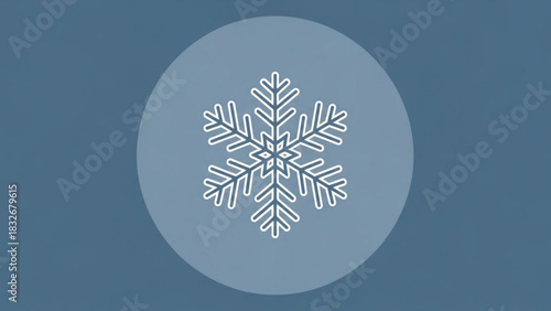 A minimalist white snowflake icon with intricate geometric patterns is centered within a light blue circle against a muted blue background