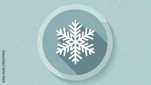 A clean white snowflake icon with a long shadow is displayed on a light blue circular background against a solid light blue backdrop representing winter and cold weather