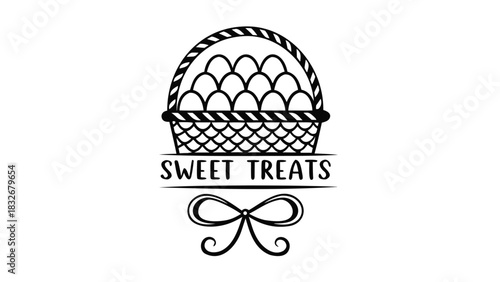 Whimsical hand drawn illustration of a basket filled with eggs and the text sweet treats below adorned with a decorative bow perfect for easter or baking themes