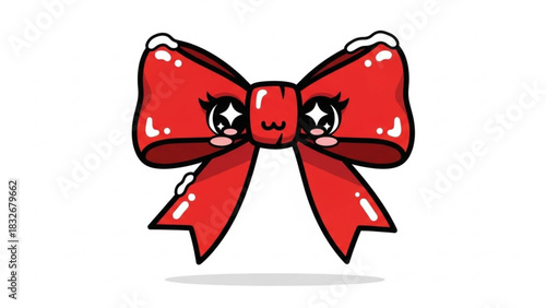 Cute kawaii red bow with sparkly eyes and blush cheeks adorable cartoon illustration for gifts and decorations