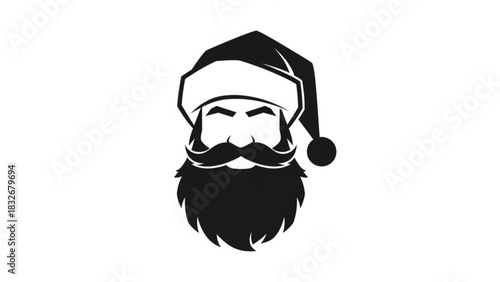 Stylized black and white illustration of santa claus s face with a prominent beard and mustache wearing his iconic hat perfect for holiday designs and logos