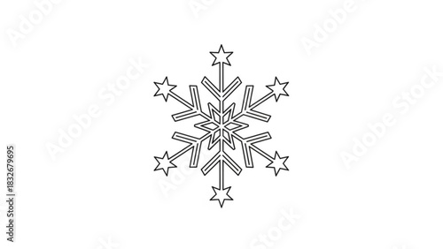 A simple black and white line art illustration of a snowflake with star shaped tips on a clean white background representing winter and cold weather