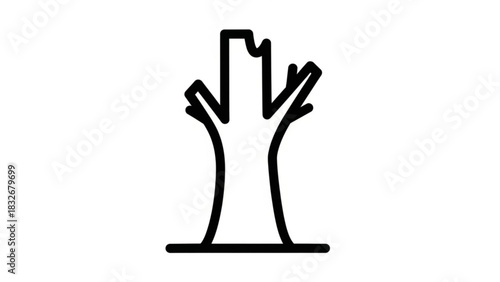 A minimalist black and white line art icon representing a bare tree stump with broken branches and a simple ground line
